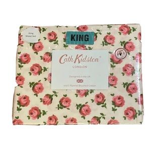 Cath Kidston King Sheet Set Button Rose Raspberry 100% Flannel Brushed Cotton